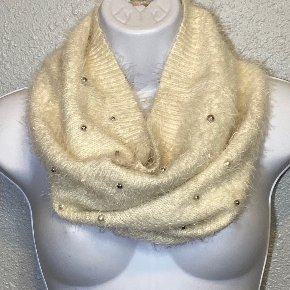 Betsey Johnson Cream Knit Infinity Scarf with Pearl and silver beads